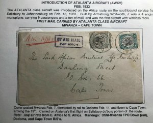 1933 Mwanza Tanganyika First Atlanta Aircraft Flight Cover FFC To Cape Town