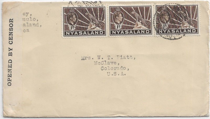 Malmulo Nyasaland to McClave, CO 1940 Nyasaland censor Ty IIA, Sc 7 (C5551)