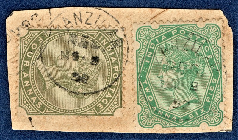 [st1575] INDIA used in ZANZIBAR 1892 SG#Z88 #Z94 on piece Cancel Type Z6