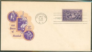 US 855 (1939) 3c Baseball centennial (single) on an unaddressed First Day Cover with an 100R cachet