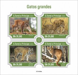 Sao Tome & Principe 2021 MNH Wild Animals Stamps Big Cats Tigers Lions 4v M/S