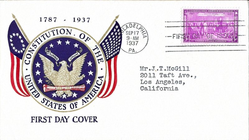 1937 FDC, #798, 3c Constitution 150th, Plimpton