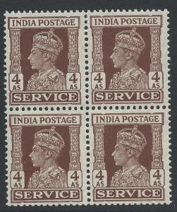 1939 India Service - 4a brown block of 4 MNH