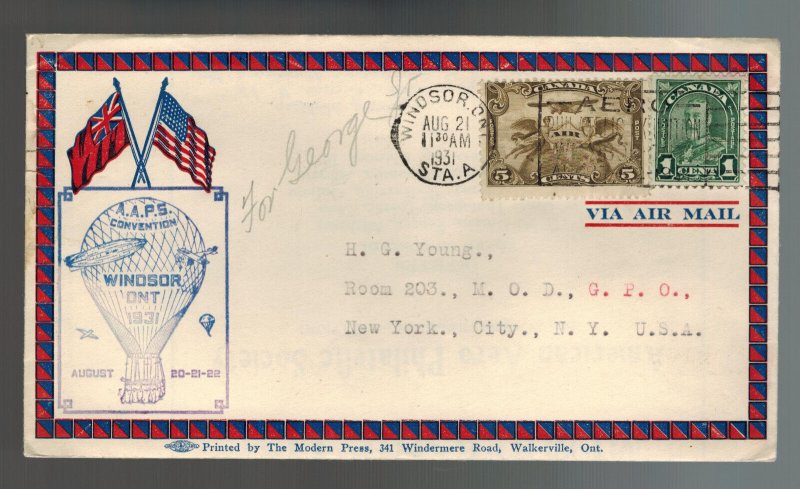 1931 Windsor Canada cover AAPS Convention Stamp and Balloon Cachet