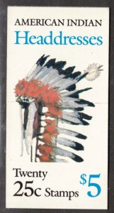 US 1990 $5 Indian Headdresses Booklet, Plate 1; Scott BK179; MNH