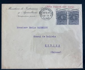 1916 La Paz Bolivia Ministry Of Public Instruction Cover To Zurich Switzerland