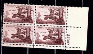 U.S. 1077 MNH 1958 Plate Block Wild Turkey