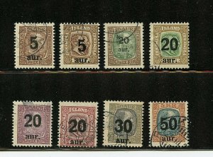 Iceland #130-138 (IC366) Comp 1921-5 Kings Overprints, Used, FVF, CV$188.50