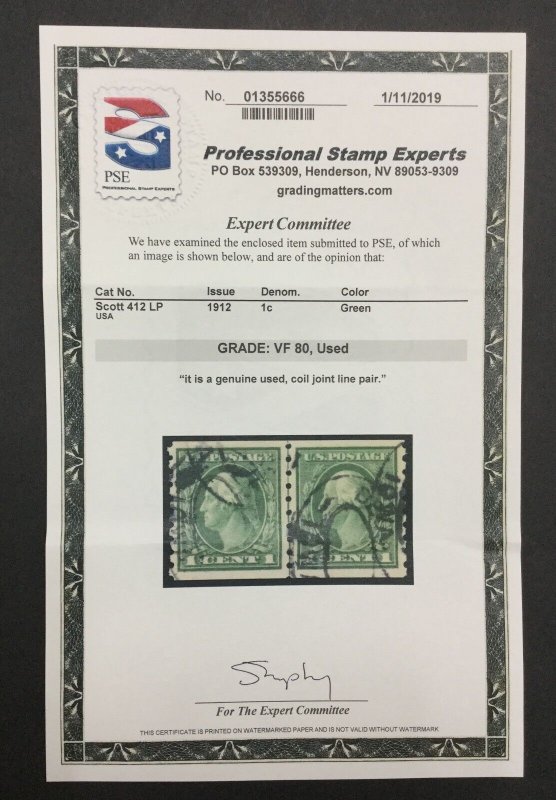 MOMEN: US STAMPS #412 COIL LINE PAIR USED PSE GRADED CERT VF-80