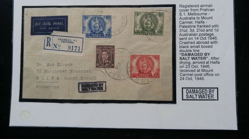 EXTREMELY RARE PALESTINE JEWISH MAIL “CRASH COVER” USA & AUSTRALIA 1934 & 46