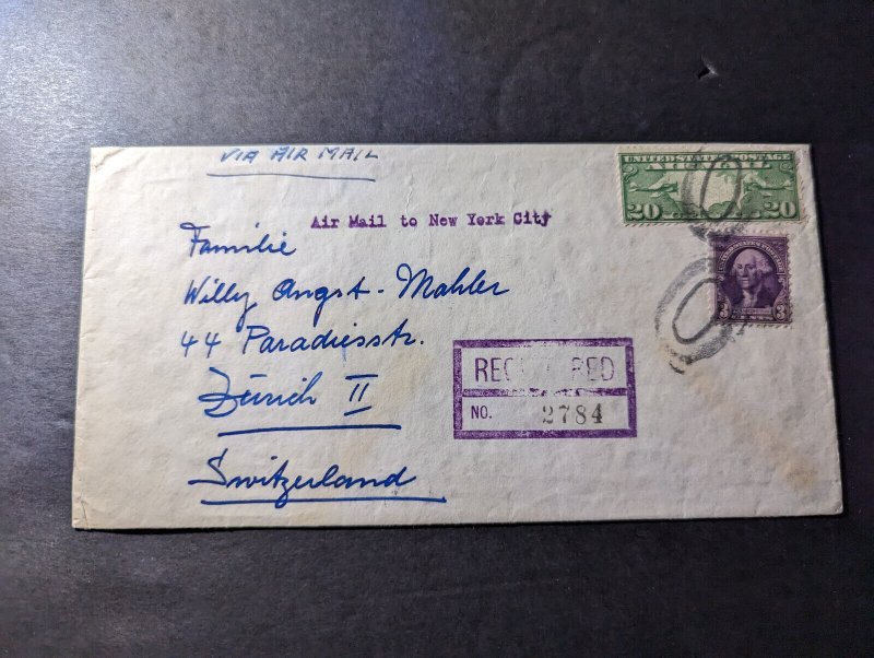 1938 Registered USA Airmail Cover Beverly Hills CA to Zurich II Switzerland