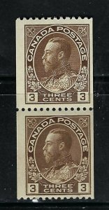 Canada SCOTT 134 3ct BROWN PERF 12 HORIZONTAL ADMIRAL PAIR FVF MINT NH BS21704