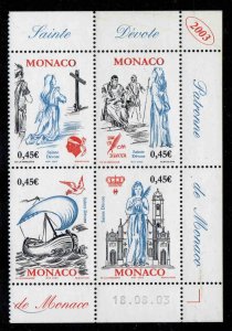 Monaco #2308 ~ Cplt Set , Block of 4 ~ Dove, Saint, Cross ~ Mint, NH  (2003)