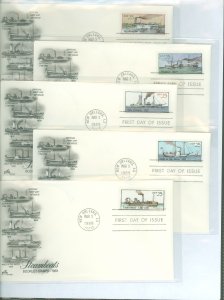 US 2405-2409 1989 25c steamboats, set of 5 on 5 unaddressed fdcs with artcraft cachets