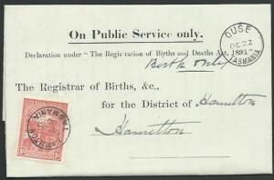 TASMANIA 1907 Birth notice OUSE to Hamilton with T perfin 1d...............60444
