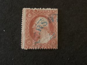 US #26A used single stamp VF blue cancel Cat Value $60.00