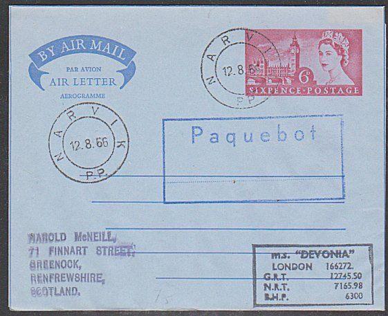 GB NORWAY 1966 MS DEVONIA  ship cover, GB airletter NARVIK PAQUEBOT.........1062