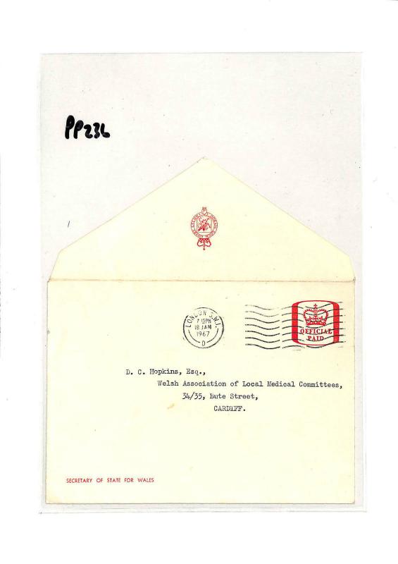 GB WALES Cover OFFICIAL PAID Red *Secretary State* Stationery 1967 Cardiff PP236 