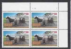 Catalog # 3090 RFD Rural Free Delivery Horse etc Plate Block of 4 32 Cent Stamps