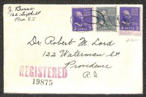 USA #807 (x2) & 820 PREXY STAMPS PROVIDENCE RHODE ISLAND REGISTERED COVER 1939