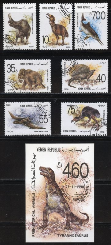 Yemen Scott 549-556 UNHOG(CTO) - 1990 Prehistoric Animals Set - SCV $5.85