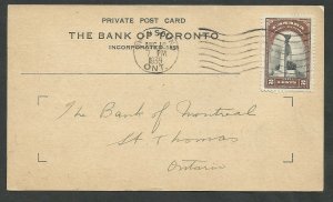 1939 Owen Sound GRY Bank of Toronto Private post card.  2c National Memorial Roy