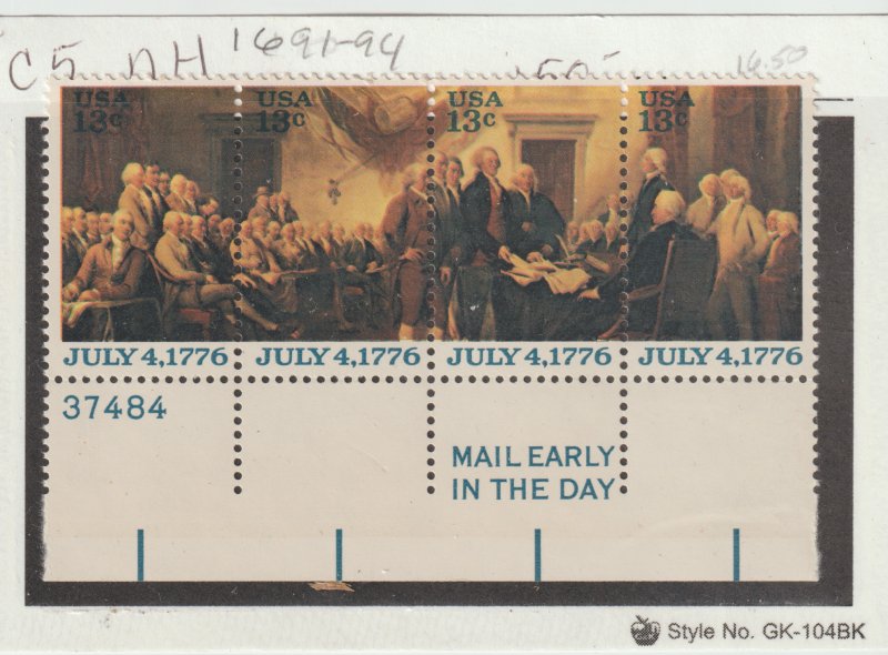 US SCOTT #1691-94 13c MNH ZIP Strip of 4 July4,1776 Declaration of Independence