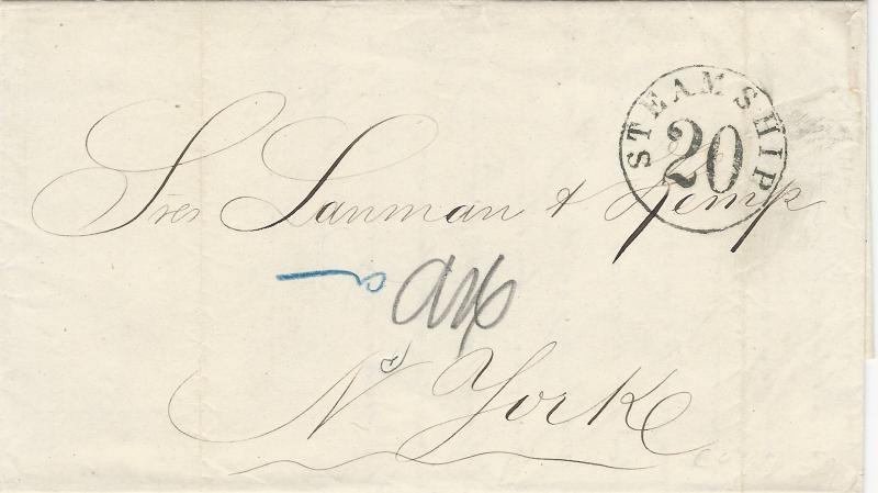 Cuba, 1866 Stampless Cover, sent from Havana to New York City, Steamship 20 mark