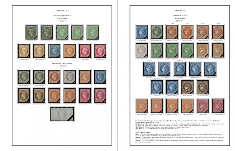 COLOR PRINTED FRANCE 1849-1939 STAMP ALBUM PAGES (29 illustrated pages)