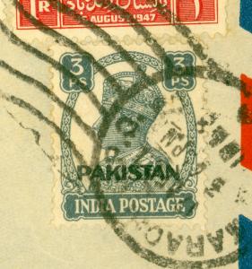 PAKISTAN 1948 KGVI 3p x2 PROVISIONAL HANDSTAMPS Sc 1 + Sc 20,23 Cover to USA