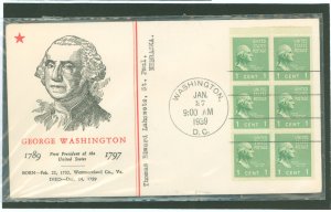 US 804b 1939 1c George Washington (part of the presidential/prexy series) booklet pane of six on an addressed first day cover wi