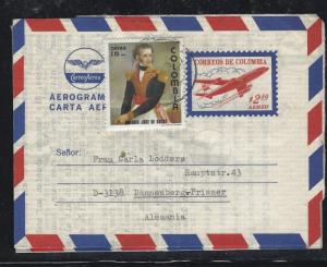 COLOMBIA  (PP0308B) 2.50 AIRPLANE AEROGRAMME URATED  12.00 DE SUCRE TO GERMANY