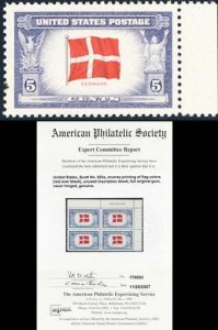 920a, MNH 5¢ Denmark Reverse Printing of Flag Colors With APS Cert - Stuart Katz