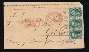 US 33 10c Washington Strip 3 on Cover from Albany NY to Gotha Germany VF (995)