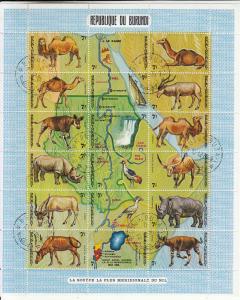 Burundi 1970 used Scott #336 Sheet of 18 7fr Animals, Map showing southern Ni...