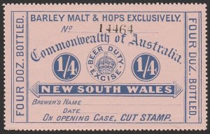 NEW SOUTH WALES Beer Duty 1903 Crown 1/4 Revenue Barley Malt & Hops Exclusively.