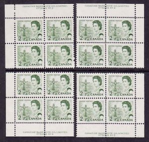 Canada id#12034-Sc#455ii-set of 4 plate blocks #2-2c green Centennial QEII-NH-1