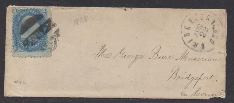 **US 19th Century Ladies Cover, SC# 92 Tied by Black FC, 8/22/1868, CV $550.00