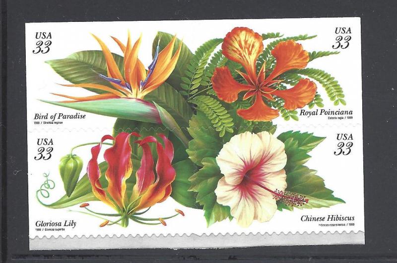 US Scott # 3310 - 3313 / 33c Tropical Flowers, SA Block of 4 1999 Issue