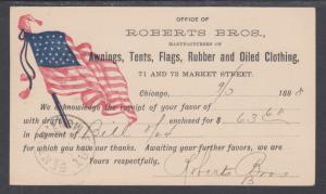 US Sc UX9 used 1888 Illustrated Advertising Postal Card, Chicago FLAG & TENTS