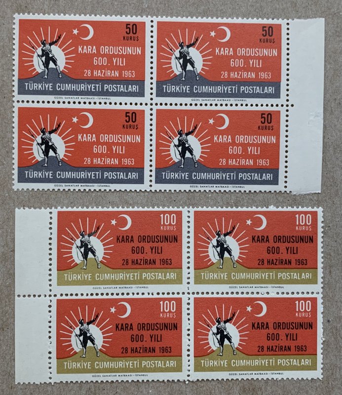 Turkey 1963 Turkish Army in blocks of 4, MNH.  Scott 1591-1592, CV $2.80