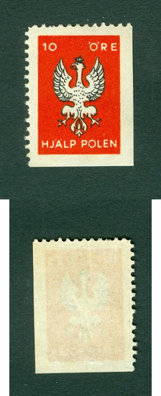 Sweden. Poland. Poster Stamp MNH 1939. WWII.Help/Support Poland. 10 Ore. Eagle