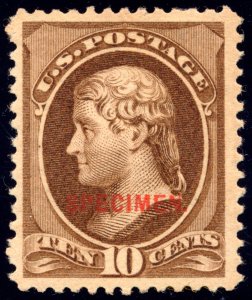 US 209S 10c 1882 American Bank Note Type D SPECIMEN overprint in red F-VF NH