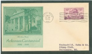 US 782 1936 3c Arkansas Statehood Centennial single on an addressed FDC cover with a Stoutzenberg Cachet