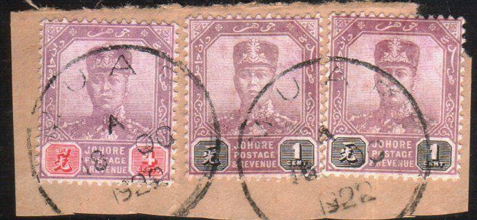 MALAYA JOHORE 1922 3 stamps on piece MUAR cds..............................88891