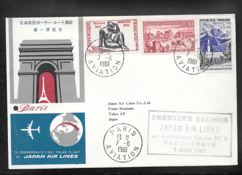 FRANCE #996 on JAPAN AIR LINES PARIS / TOKYO  1961 FIRST FLIGHT COVER (my851)