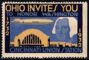 1932 US Poster Stamp Ohio Invites You To Honor Washington Cincinnati