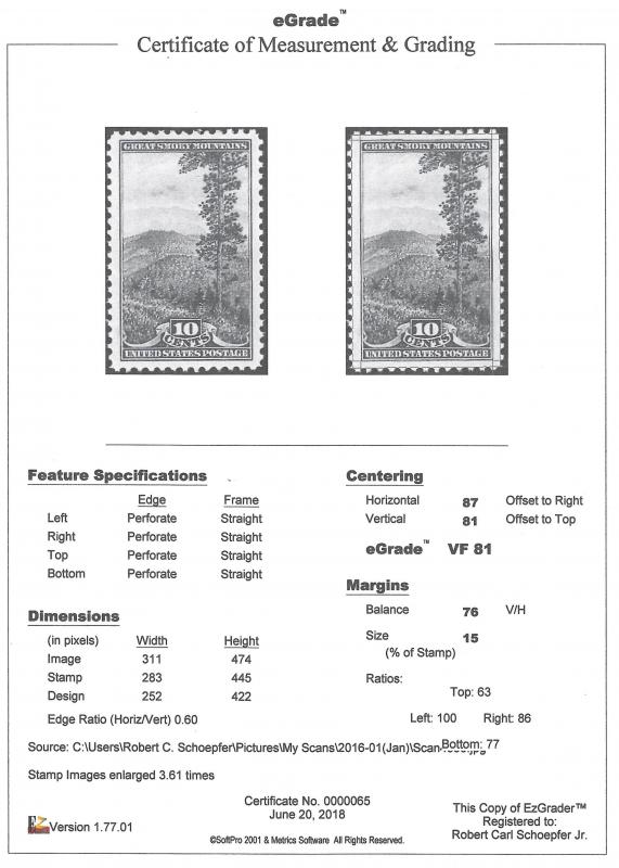 749 10 cents Smoky Mountains, Stamp mint OG NH EGRADED VF 81