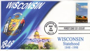AO-3206-3, 2002, Wisconsin Statehood, Standard Postmark, First Day Cover, Add-on