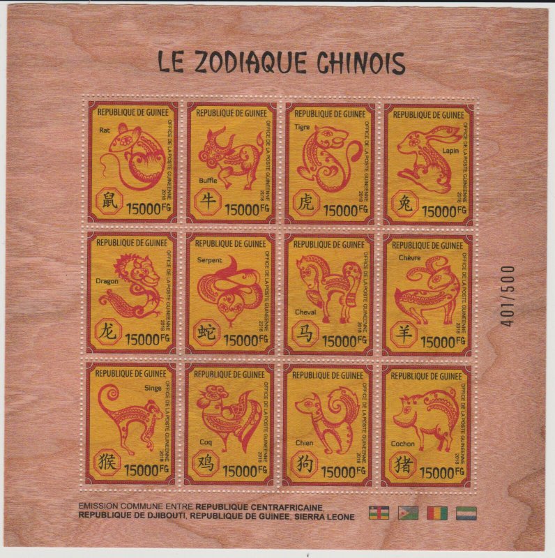Guinea 2018 Joint wooden Issue Holzfurnier bois Chinese Zodiac China Year Pig